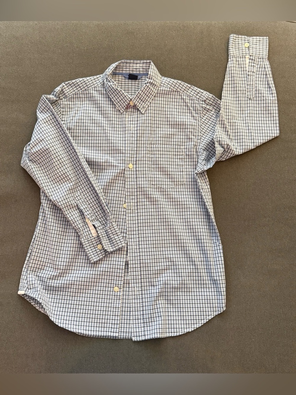 GAP Men's White and Blue Small-Check Button-Down Shirt